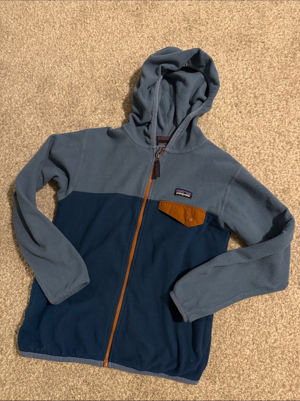 Patagonia Kids Two-Tone Blue Hooded Fleece Jacket with Chest Pocket
